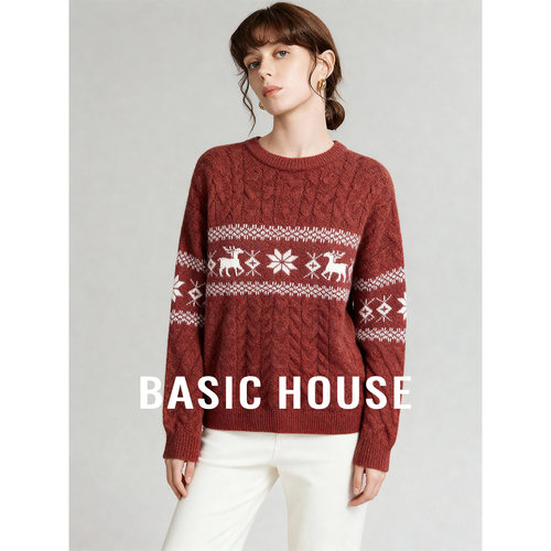 Basic House/百家好秋冬新款圆领新年红色套头毛衣女超好看上衣