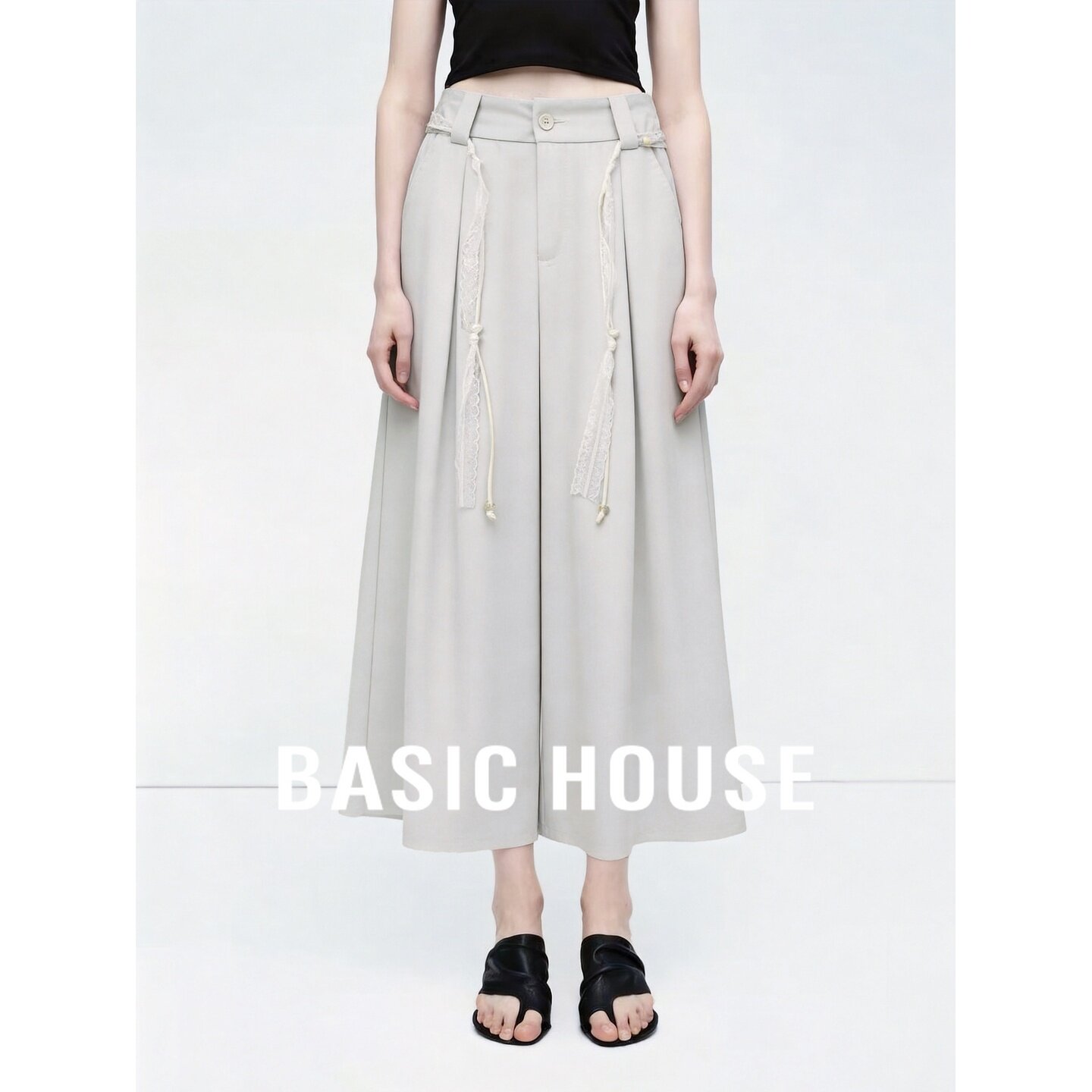Basic House/百家好杏色高腰系带裤裙女2026夏季新款九分休闲长裤