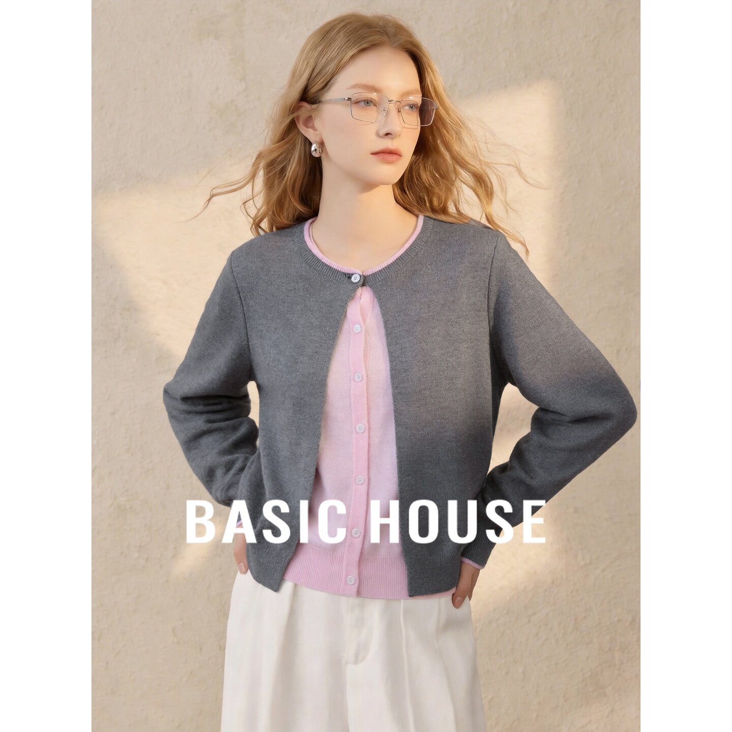 Basic House/百家好假两件撞色针织开衫女秋季宽松显瘦设计感毛衣
