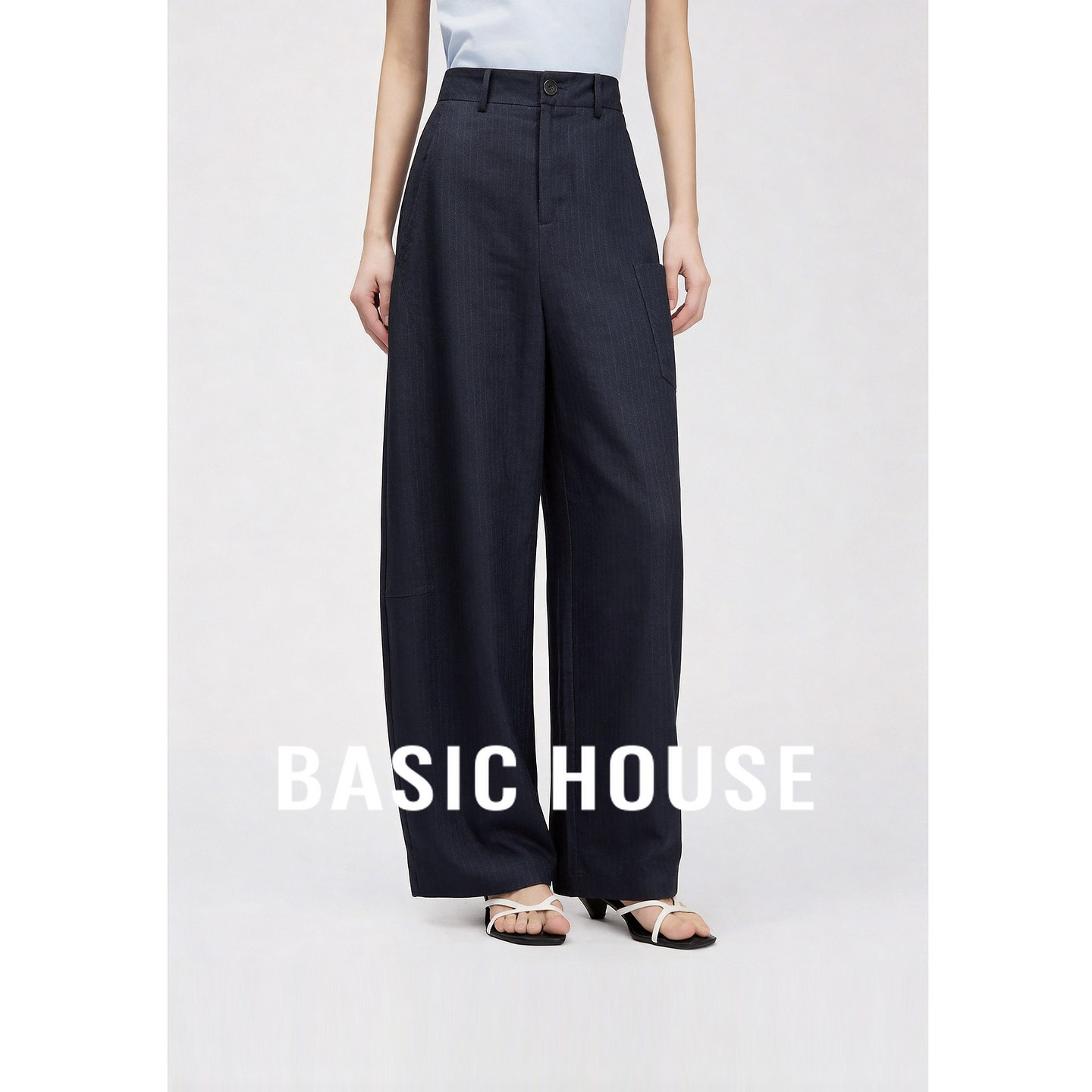 Basic House/百家好藏青色高腰极简风直筒裤女夏季垂坠感休闲长裤