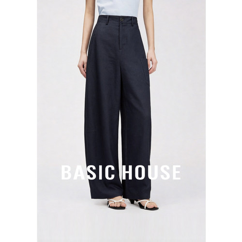 Basic House/百家好藏青色高腰极简风直筒裤女夏季垂坠感休闲长裤