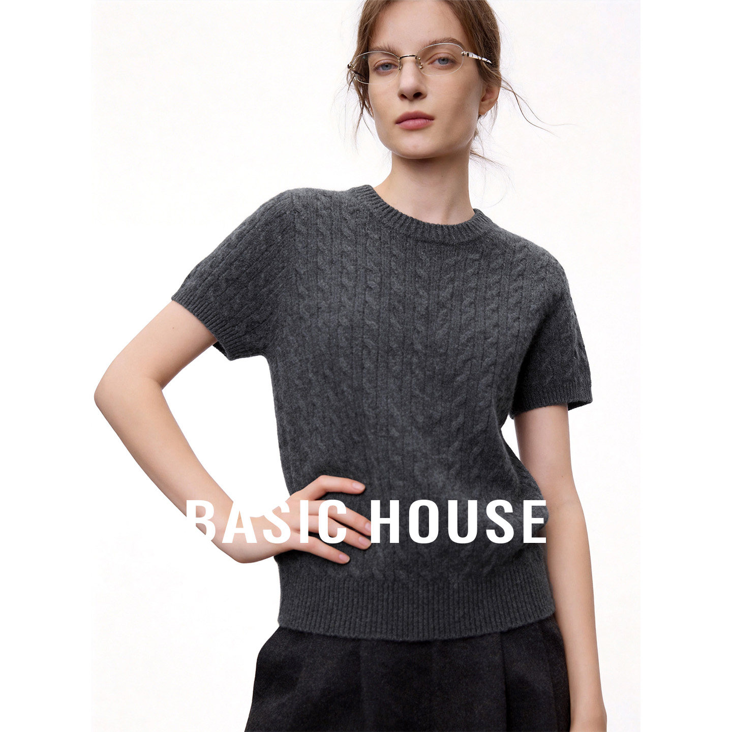 Basic House/百家好老钱风圆领绞花短袖针织衫秋季好看短款上衣女