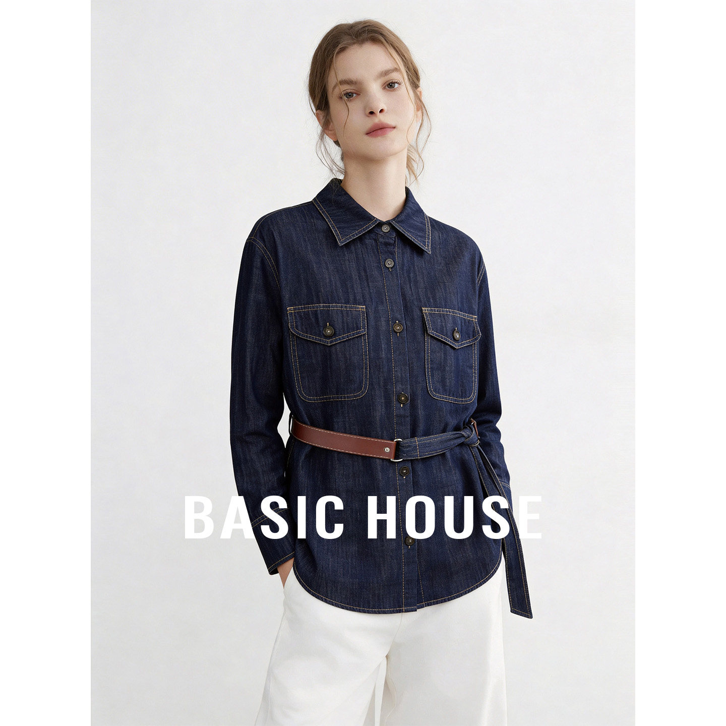 Basic House/百家好蓝色复古收腰长袖衬衫女秋带腰带收腰百搭上衣