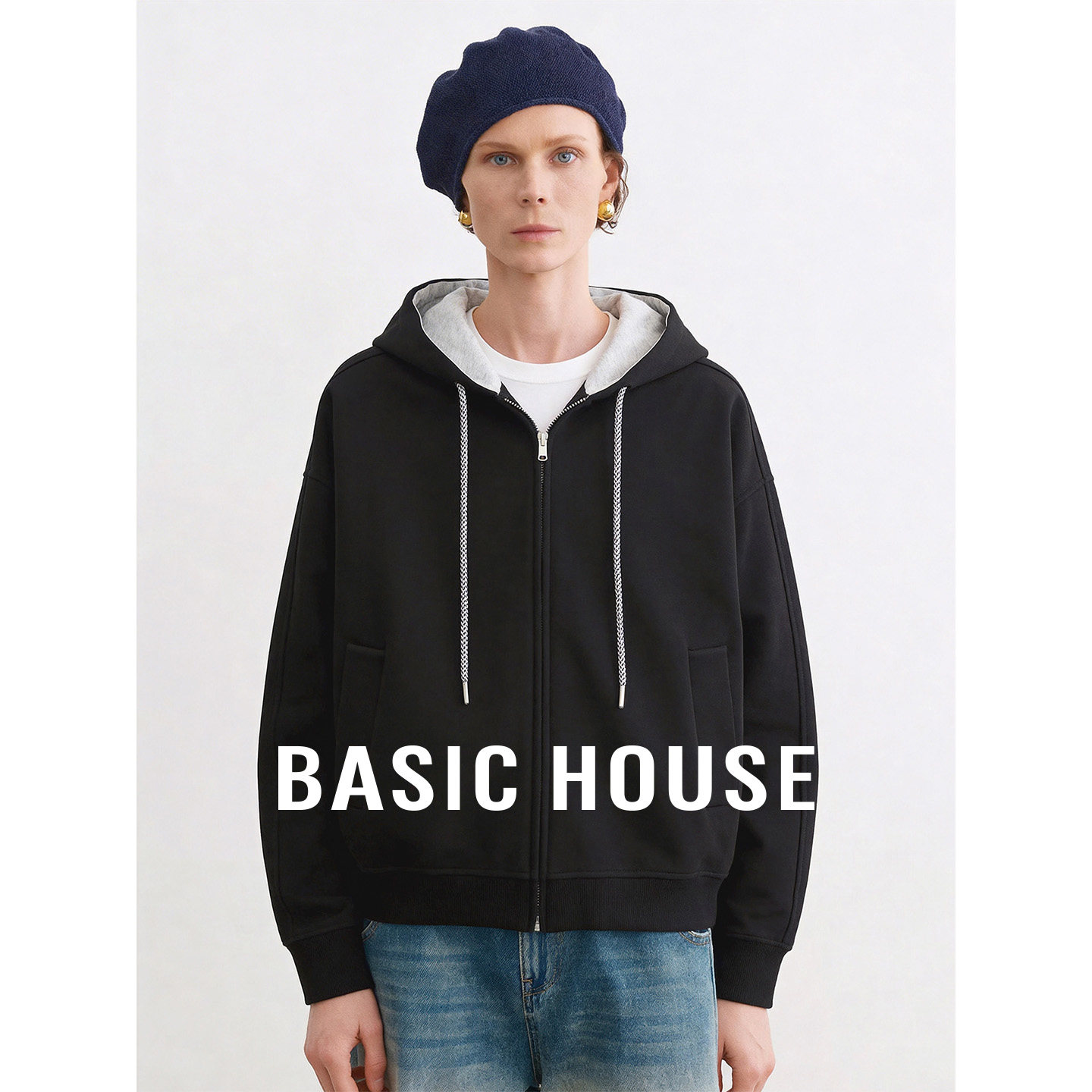 Basic House/百家好黑色连帽慵懒卫衣女秋季新款拼色宽松百搭上衣