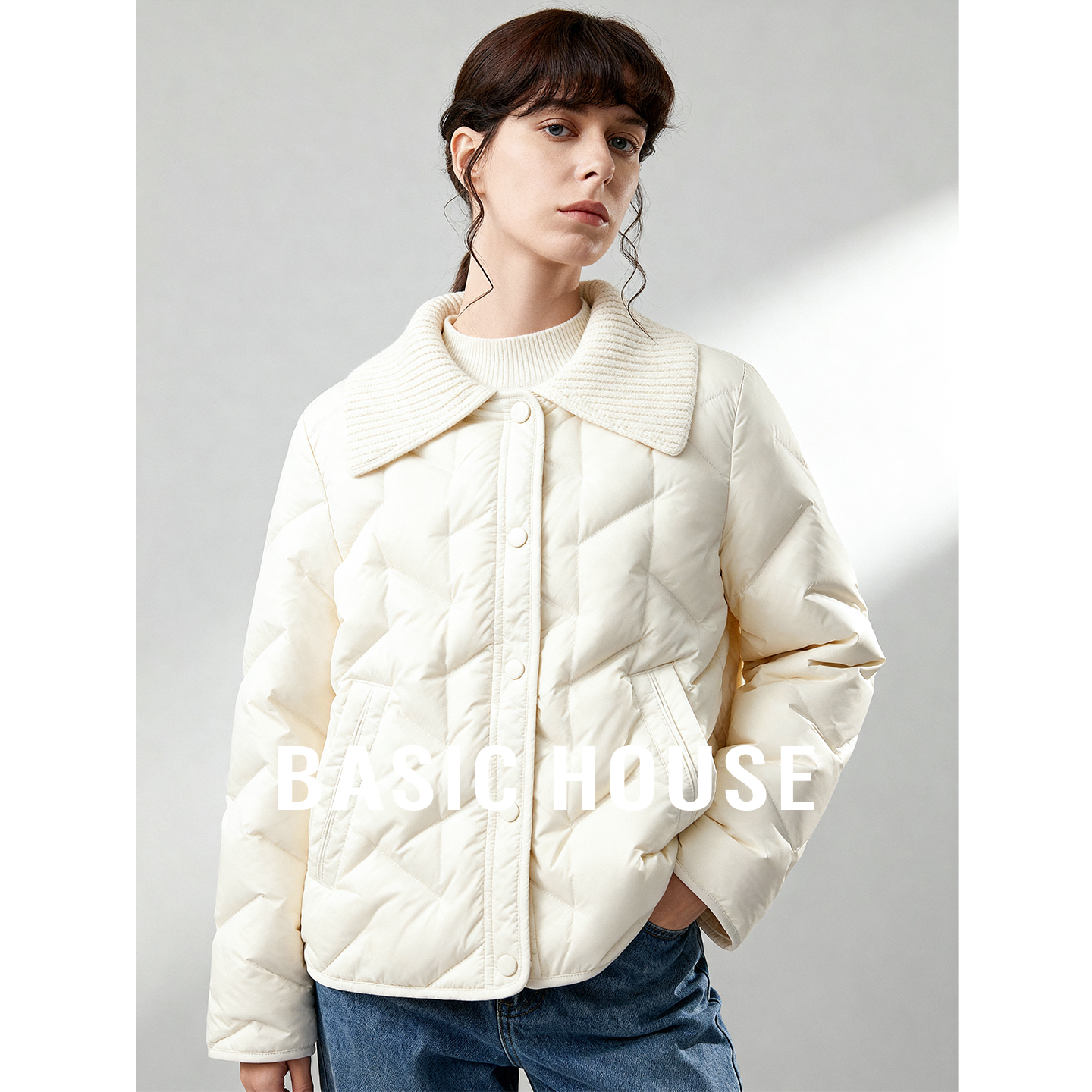 Basic House/百家好针织翻领短款羽绒服25冬季90白鸭绒轻薄外套