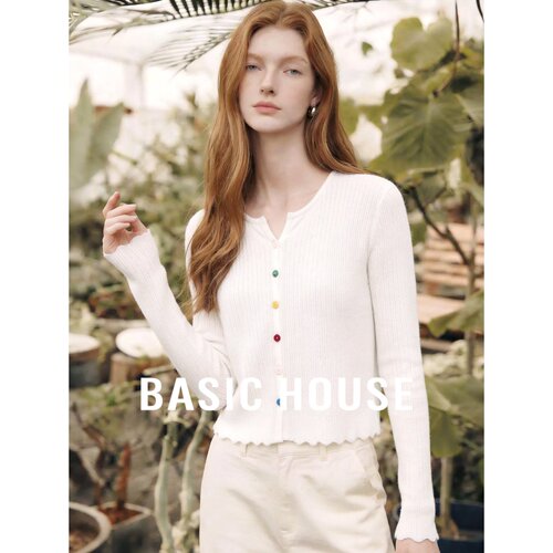 Basic House/百家好法式奶白色V领纽扣羊毛针织开衫女秋百搭上衣
