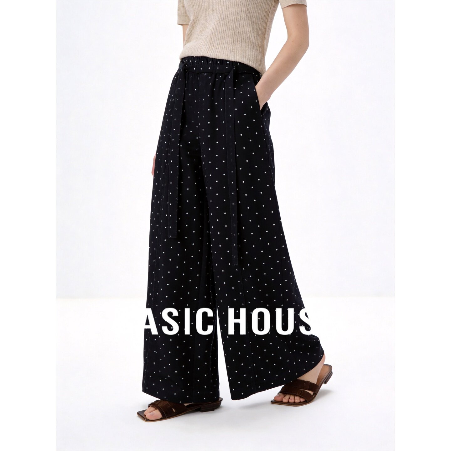 Basic House/百家好韩版松紧腰波点阔腿裤女夏季黑色设计感休闲裤