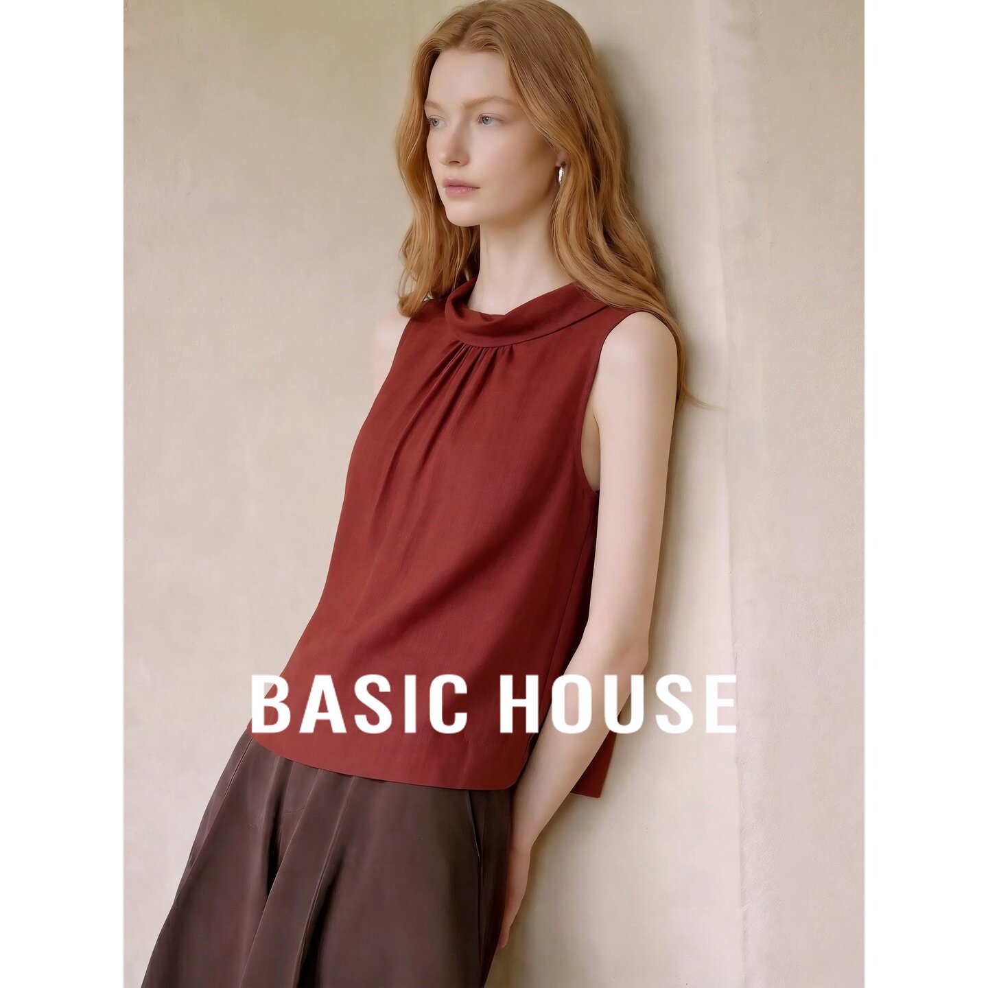 Basic House/百家好红色显白莱赛尔透气背心女夏季超好看百搭上衣