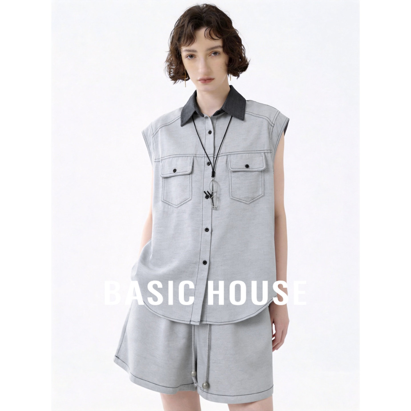 Basic House/百家好莱赛尔工装风马甲套装女夏季无袖两件套高级感