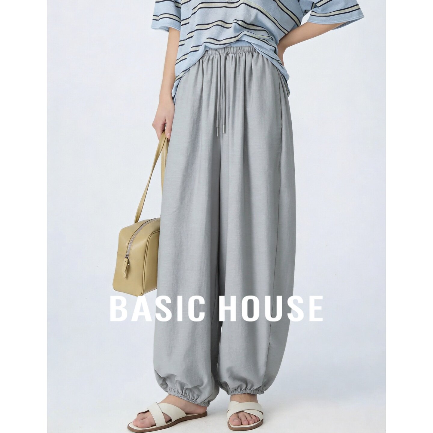 Basic House/百家好浅灰色高腰阔腿裤女宽松显瘦垂感灯笼裤休闲裤