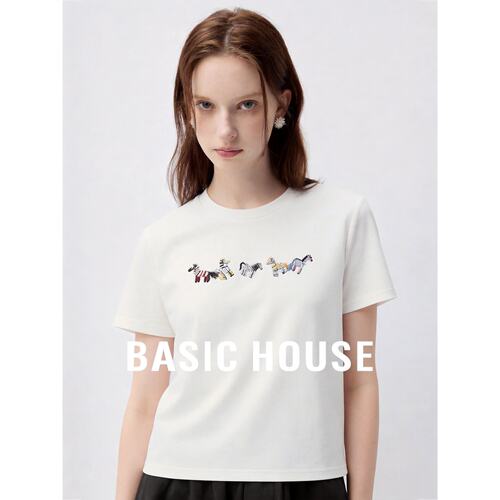 Basic House/百家好白色小马元素T恤女夏季短款纯棉显瘦百搭上衣