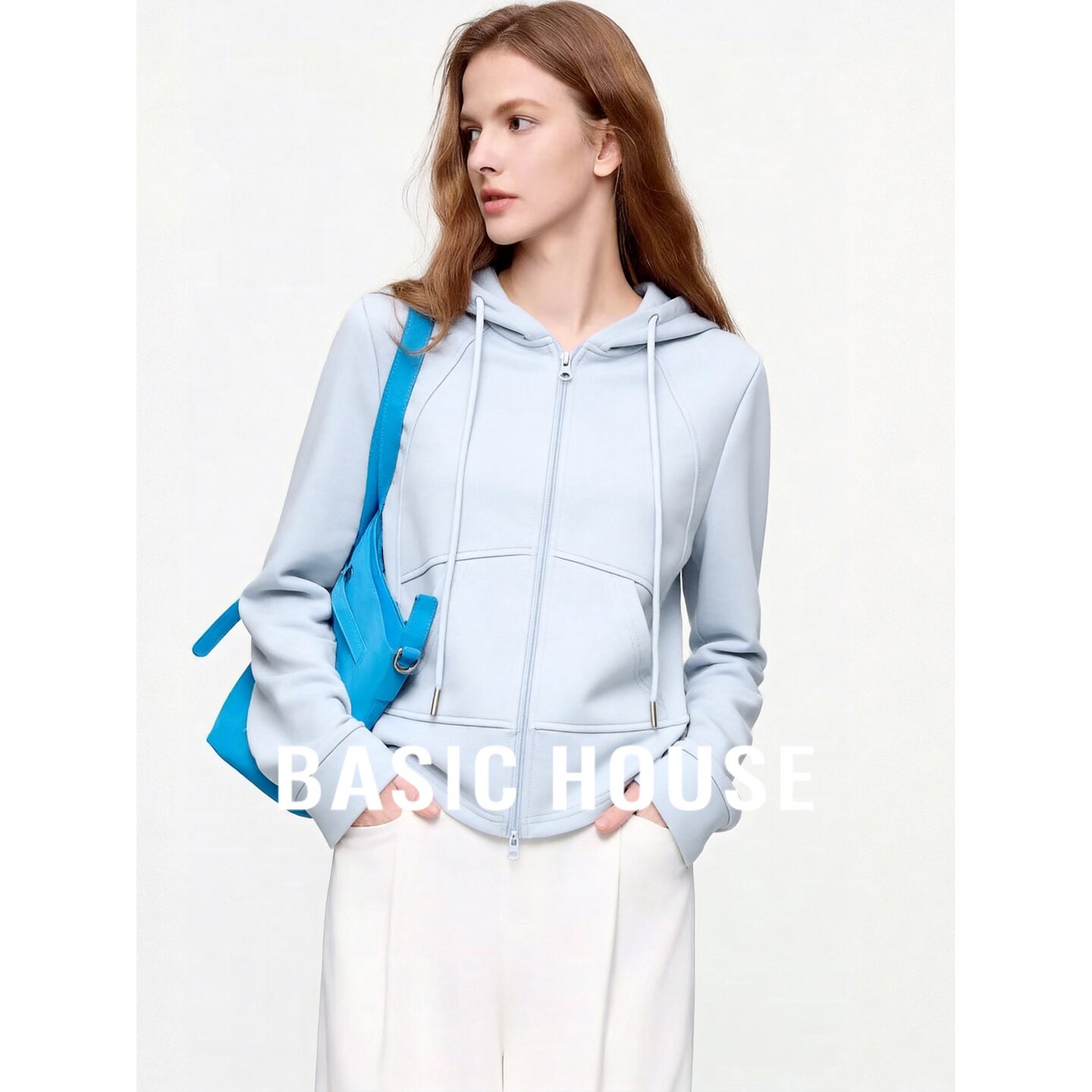 Basic House/百家好浅蓝色简约连帽拉链卫衣女修身显瘦百搭外套