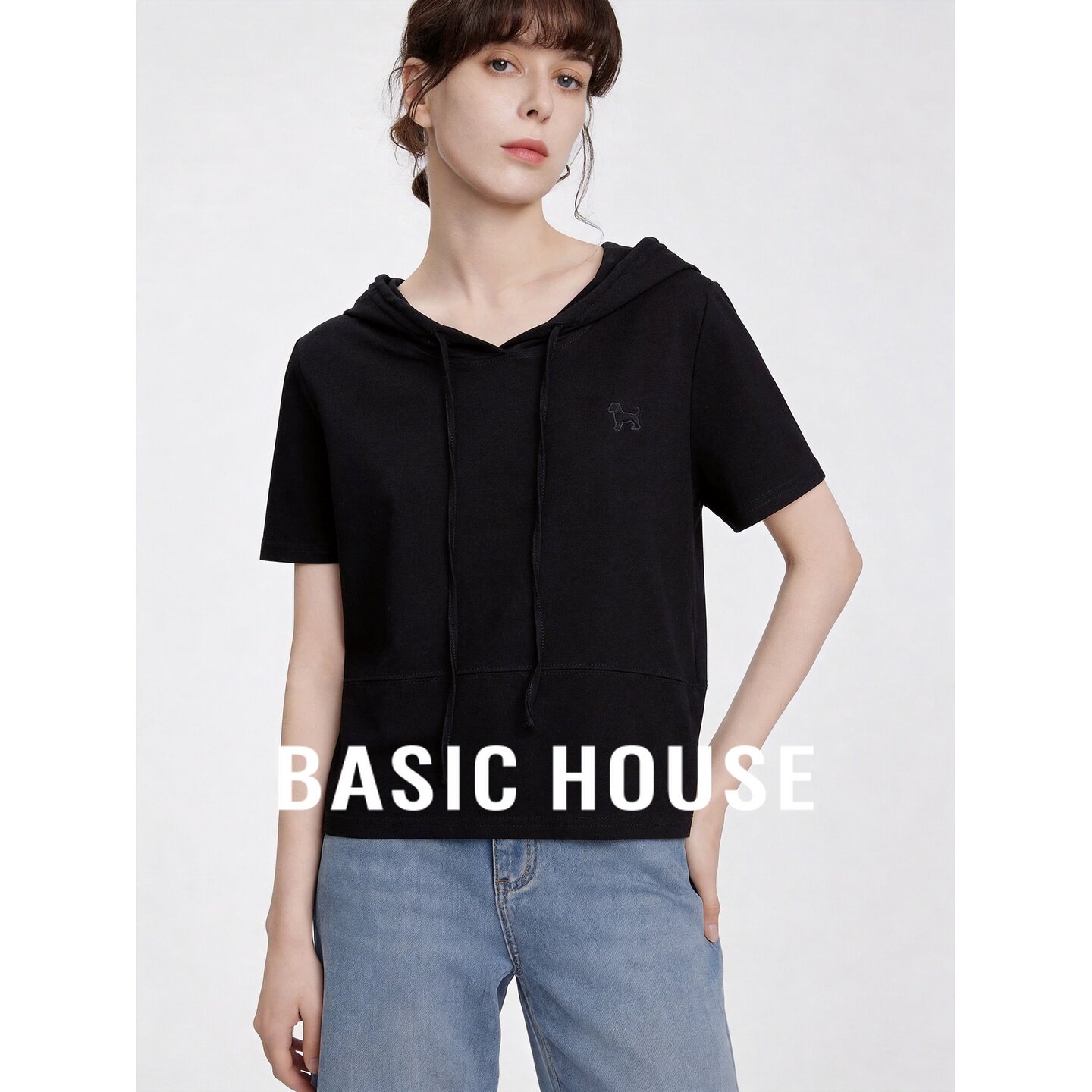 Basic House/百家好黑色连帽短袖女2026夏季新款亚麻简约显瘦T恤