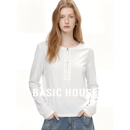 Basic House/百家好2026夏新款圆领纯色休闲简约长袖打底衫T恤女