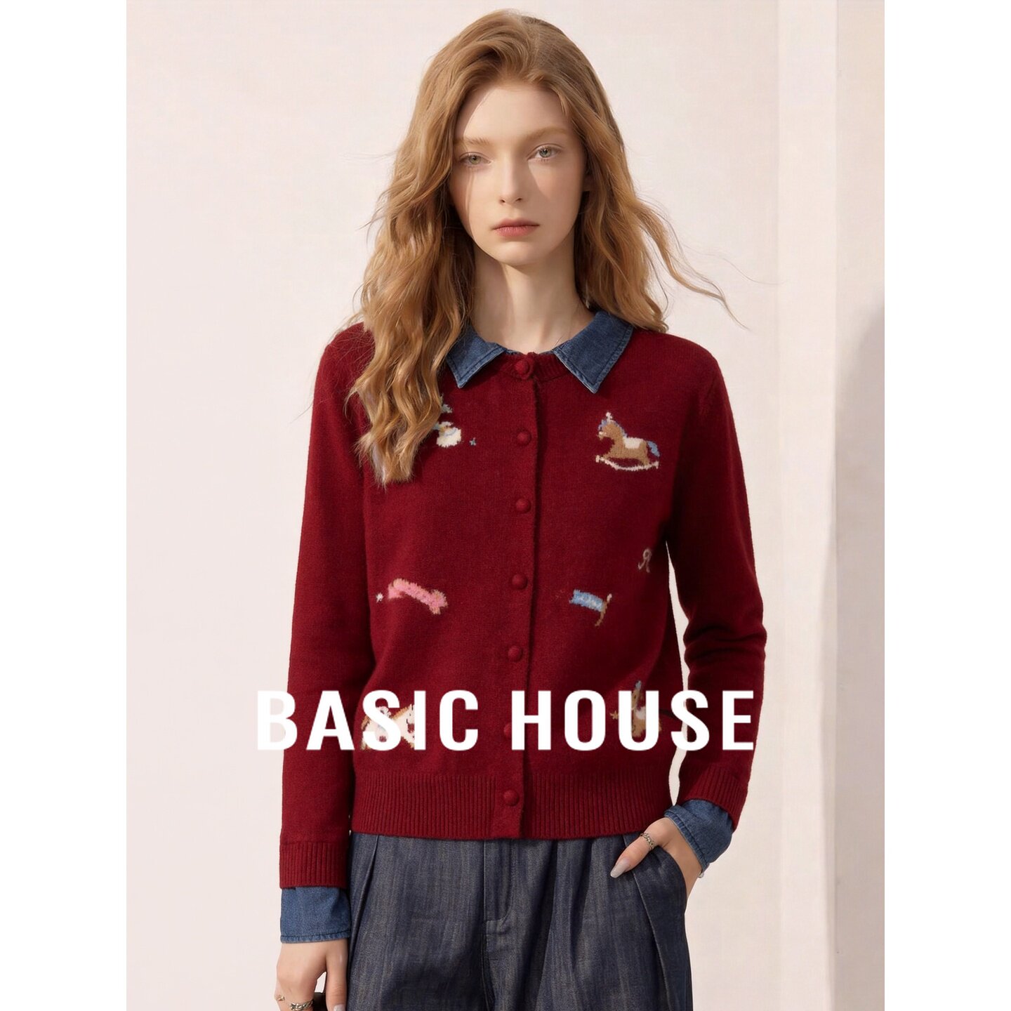 Basic House/百家好2026秋季红色翻领绣花假两件复古长袖针织开衫