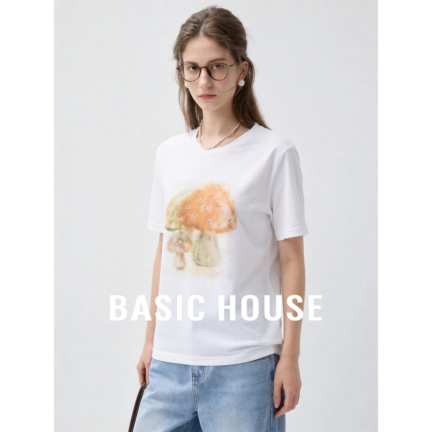 Basic House/百家好2026年新款白色印花T恤女蘑菇图案上衣夏季