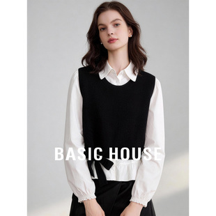 女春显瘦百搭通勤上衣 百家好黑白真两件减龄学院套装 Basic House