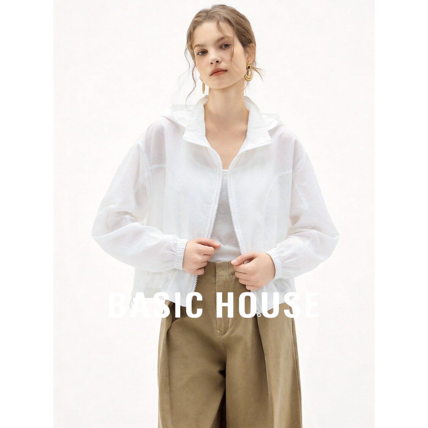 Basic House/百家好白色立领短外套女26夏季轻薄防晒宽松舒适上衣