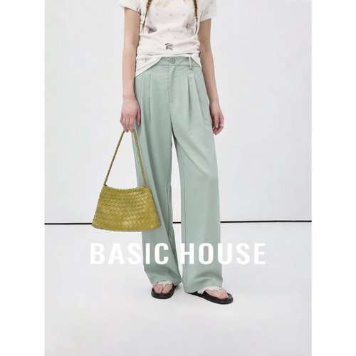 Basic House/百家好新款阔腿裤女松紧腰抽绳宽松休闲裤垂坠感