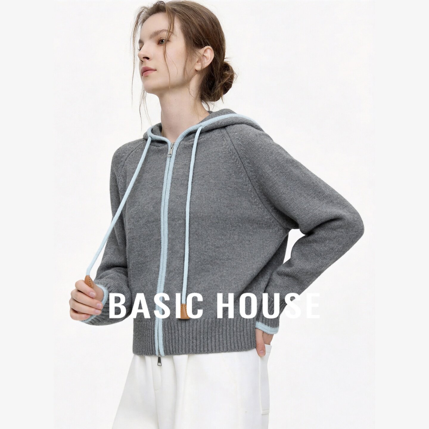 Basic House/百家好抽绳连帽拉链针织开衫女宽松休闲撞色毛衣外套