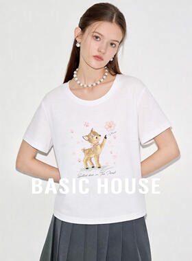 Basic House/百家好白色小鹿印花T恤女美式复古修身百搭正肩短袖