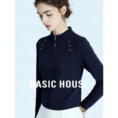 Basic House/百家好新款长袖t恤女款设计感超好看运动休闲上衣秋