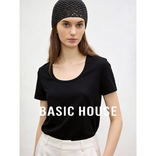 Basic House/百家好U型领基础简约短袖T恤女26夏季百搭休闲内搭