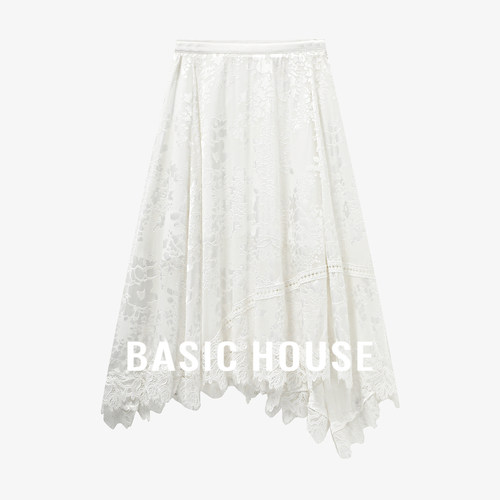 Basic House/百家好仙气蕾丝拼接半身裙不规则宽松垂坠A字中长裙