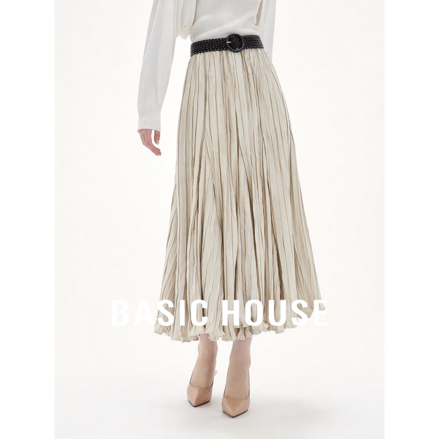 Basic House/百家好米色高腰压褶中长款优雅气质日常女装半身裙秋