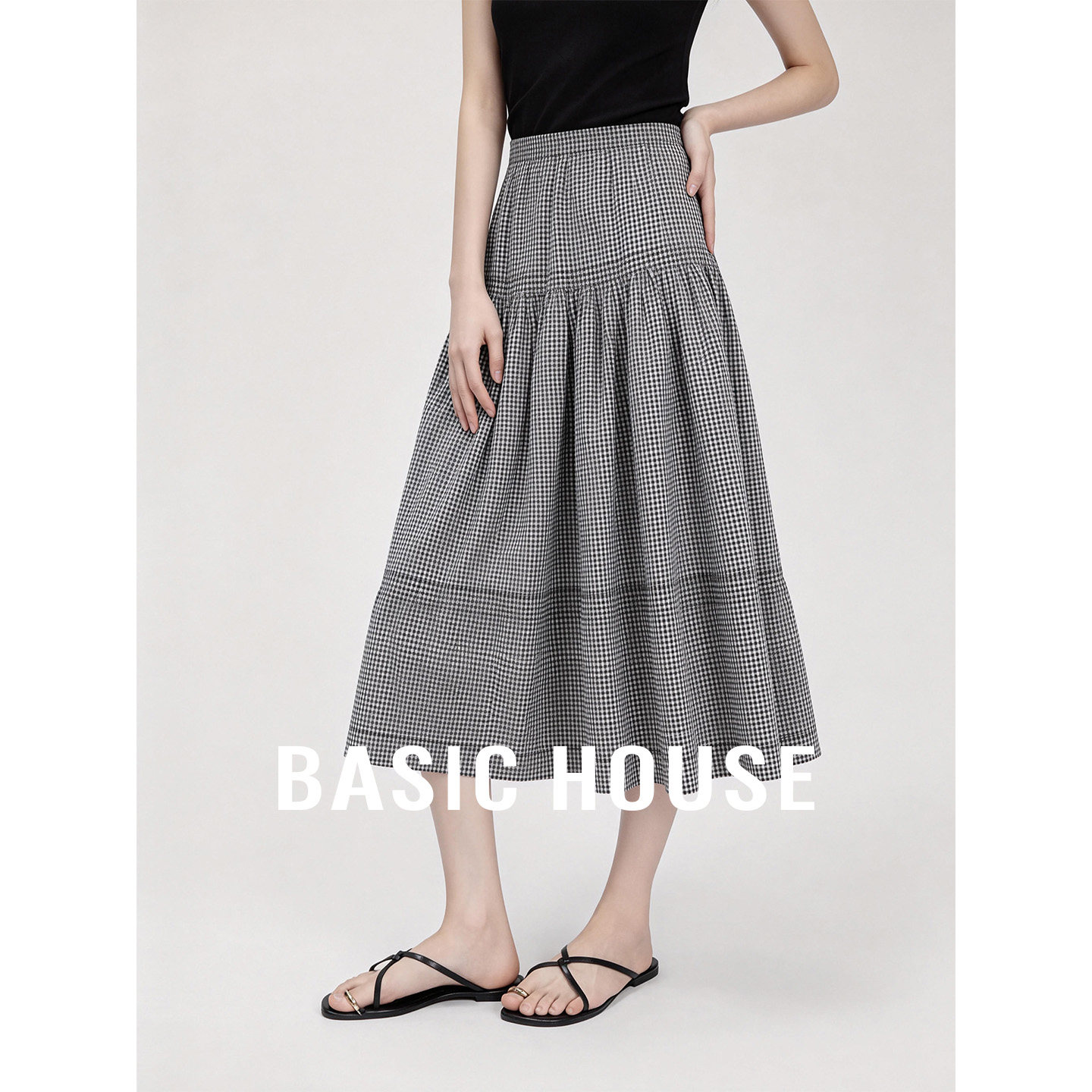 Basic House/百家好高腰宽松格子设计感半身裙女夏宽松舒适中长裙