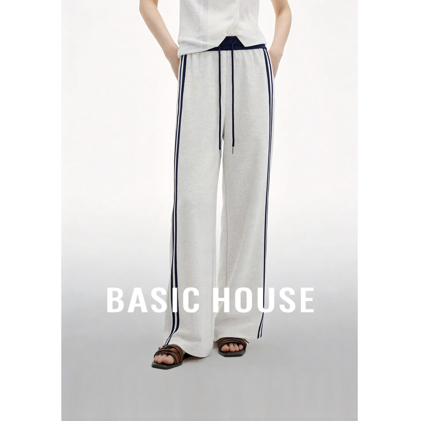 Basic House/百家好白色抽绳纯棉直筒裤女2026秋运动休闲舒适长裤