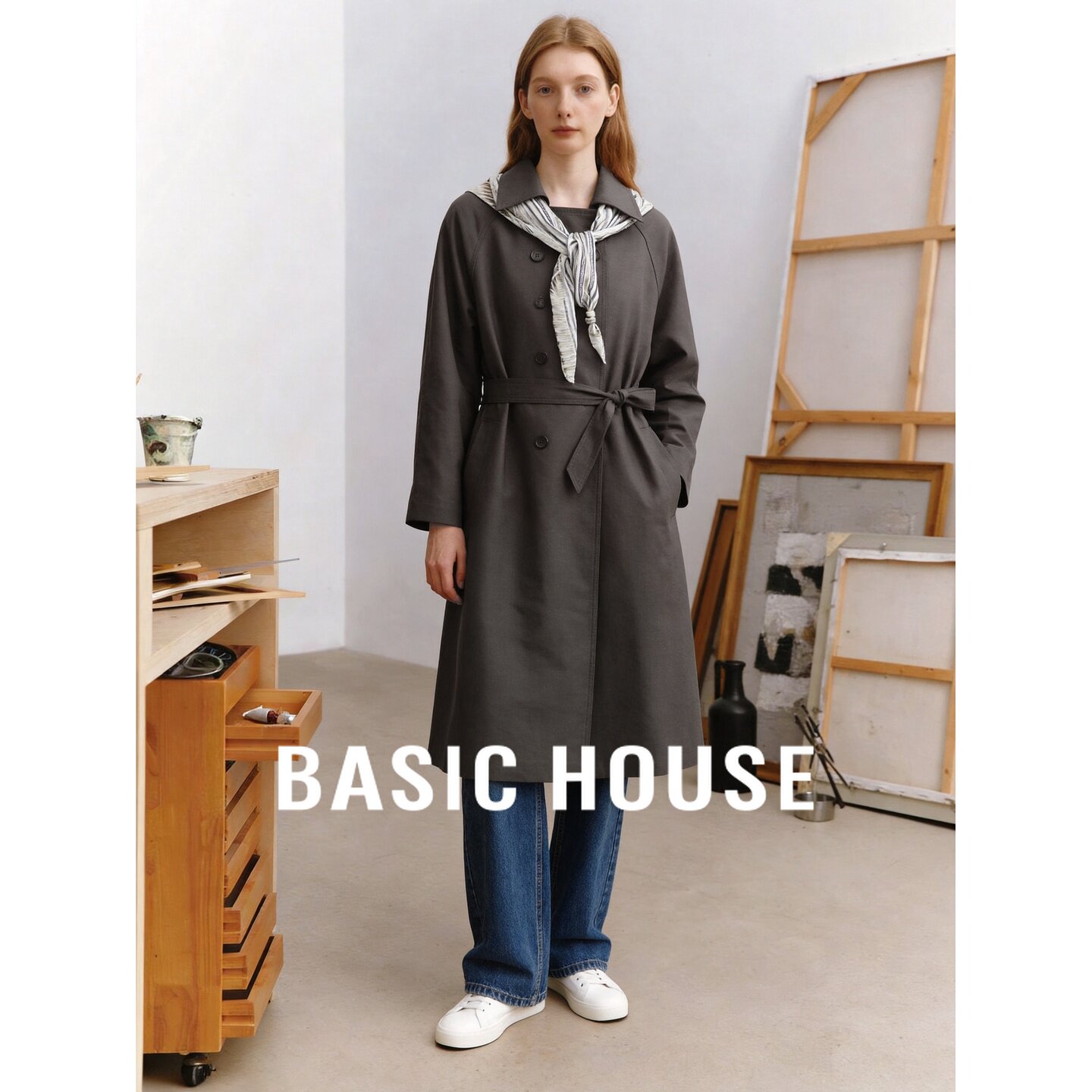 Basic House/百家好极简风翻领系带风衣女莱赛尔灰色气质通勤外套