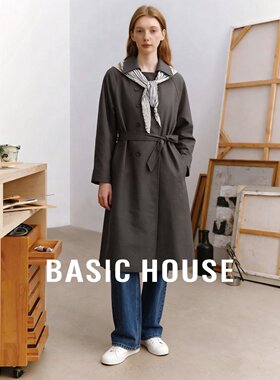 Basic House/百家好极简风翻领系带风衣女莱赛尔灰色气质通勤外套