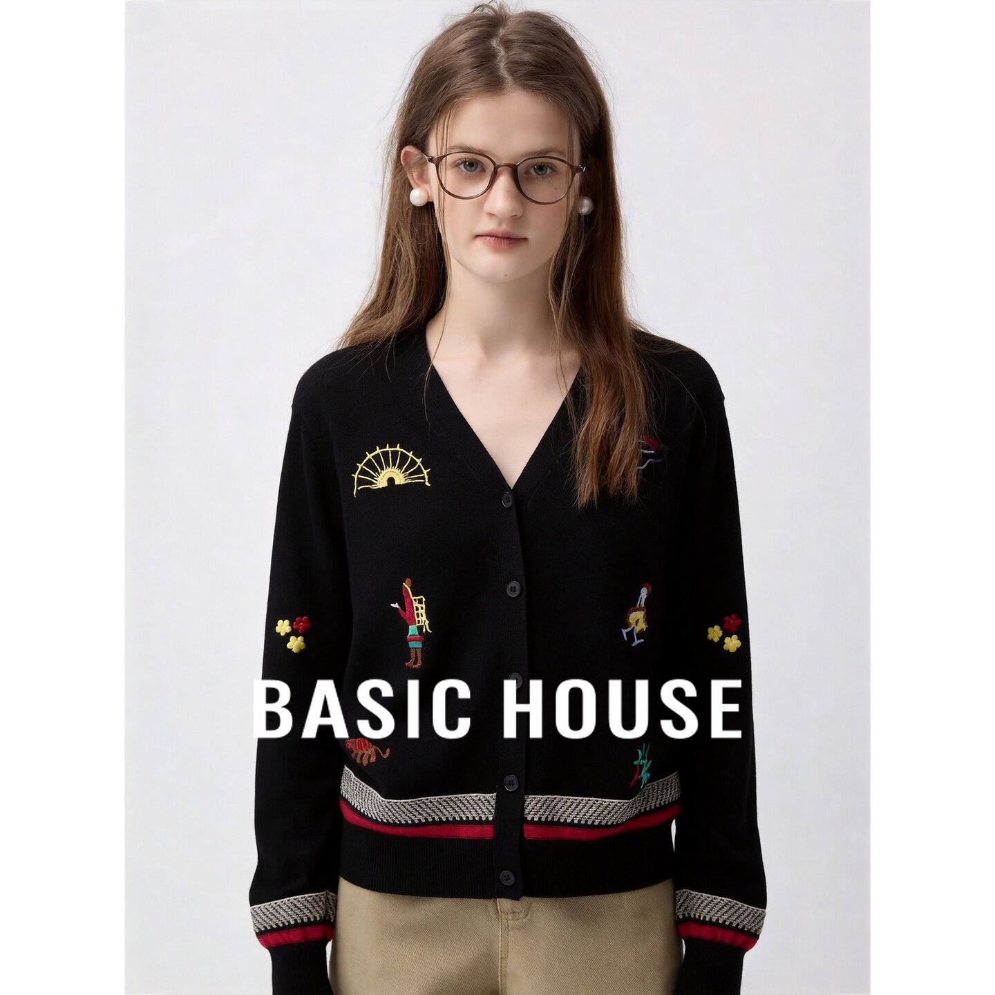 Basic House/百家好黑色刺绣针织开衫女V领纽扣宽松显瘦高级感