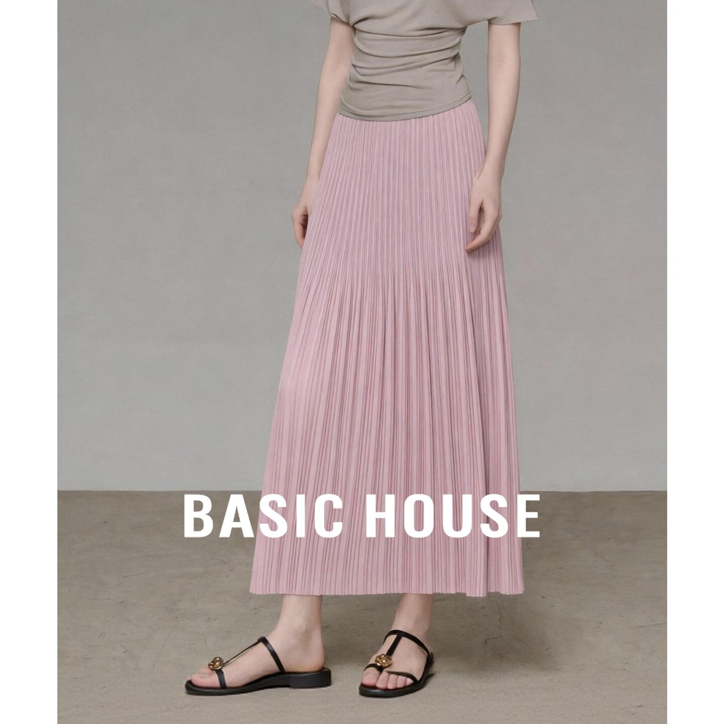 Basic House/百家好温柔紫色百褶半身裙女中长款垂感压褶纱裙优雅