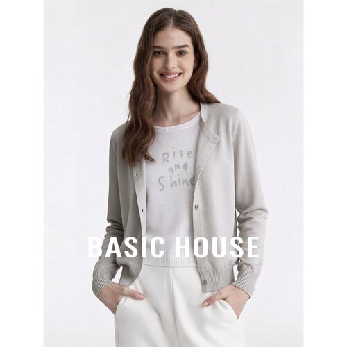 Basic House/百家好温柔韩系风假两件针织开衫女浅灰显瘦通勤上衣