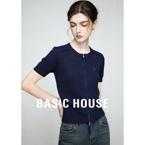 Basic House/百家好圆领修身显瘦针织开衫女夏莱赛尔透气显白上衣