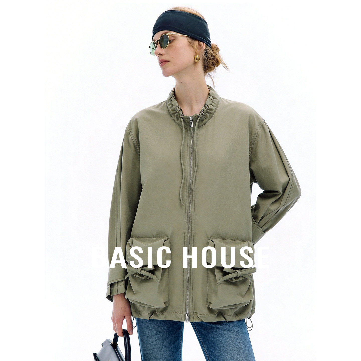 Basic House/百家好工装风抽绳宽松夹克上衣秋新款军绿色短款外套