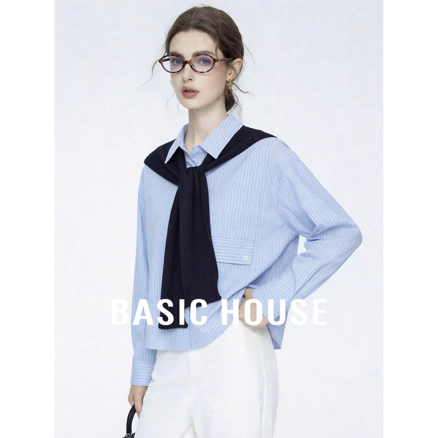 Basic House/百家好条纹翻领长袖衬衫系带披肩宽松上衣女秋季新款