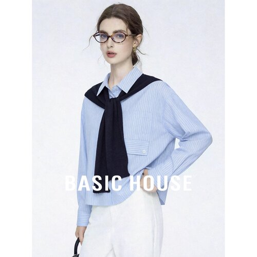 Basic House/百家好条纹翻领长袖衬衫系带披肩宽松上衣女秋季新款