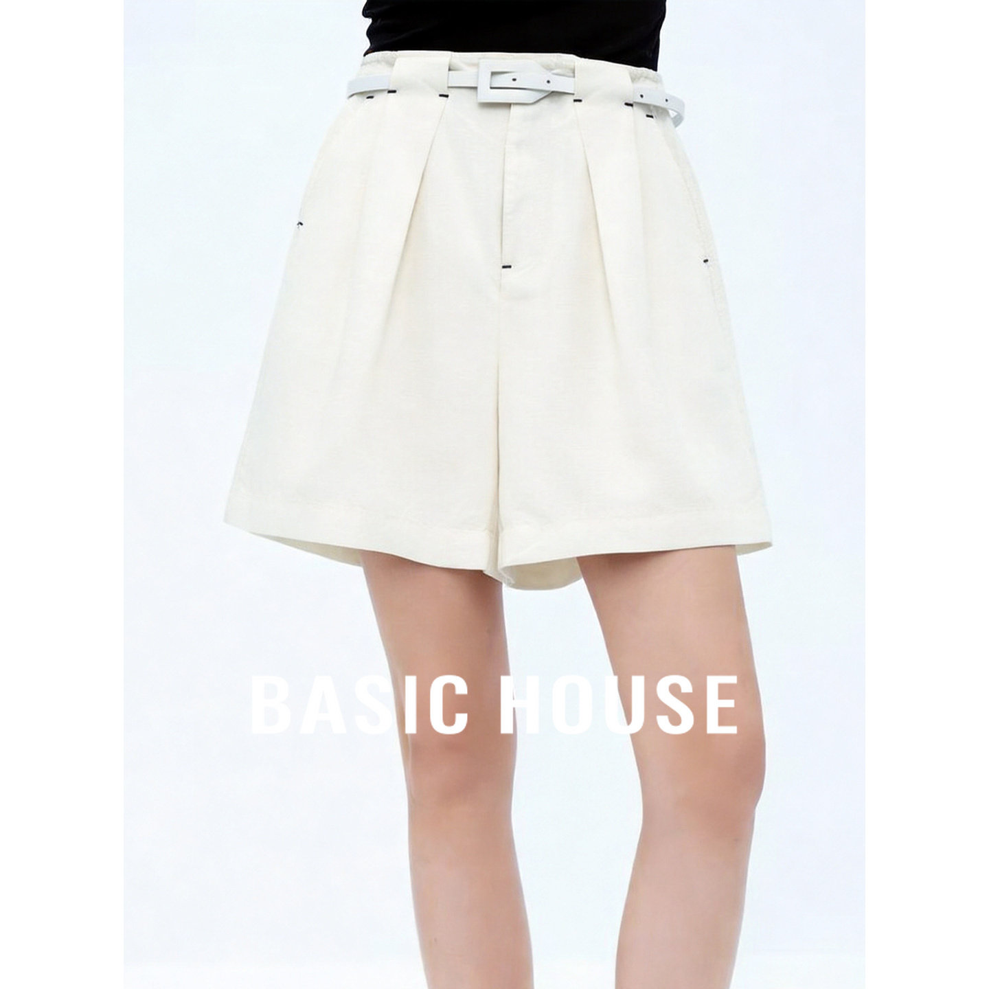 Basic House/百家好莱赛尔阔腿短裤女夏季腰带宽松显瘦垂感短裤
