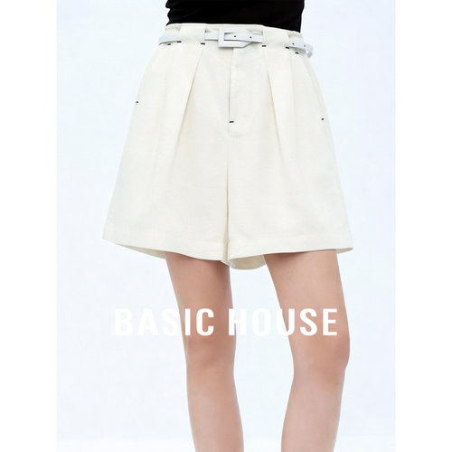 Basic House/百家好莱赛尔阔腿短裤女夏季腰带宽松显瘦垂感短裤