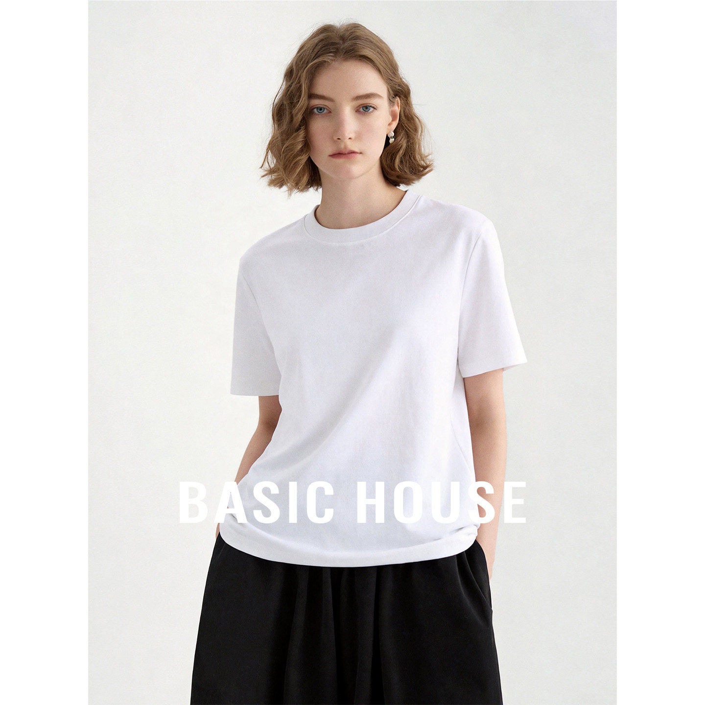Basic House/百家好纯色套头简约短袖T恤女2026新款显瘦圆领上衣