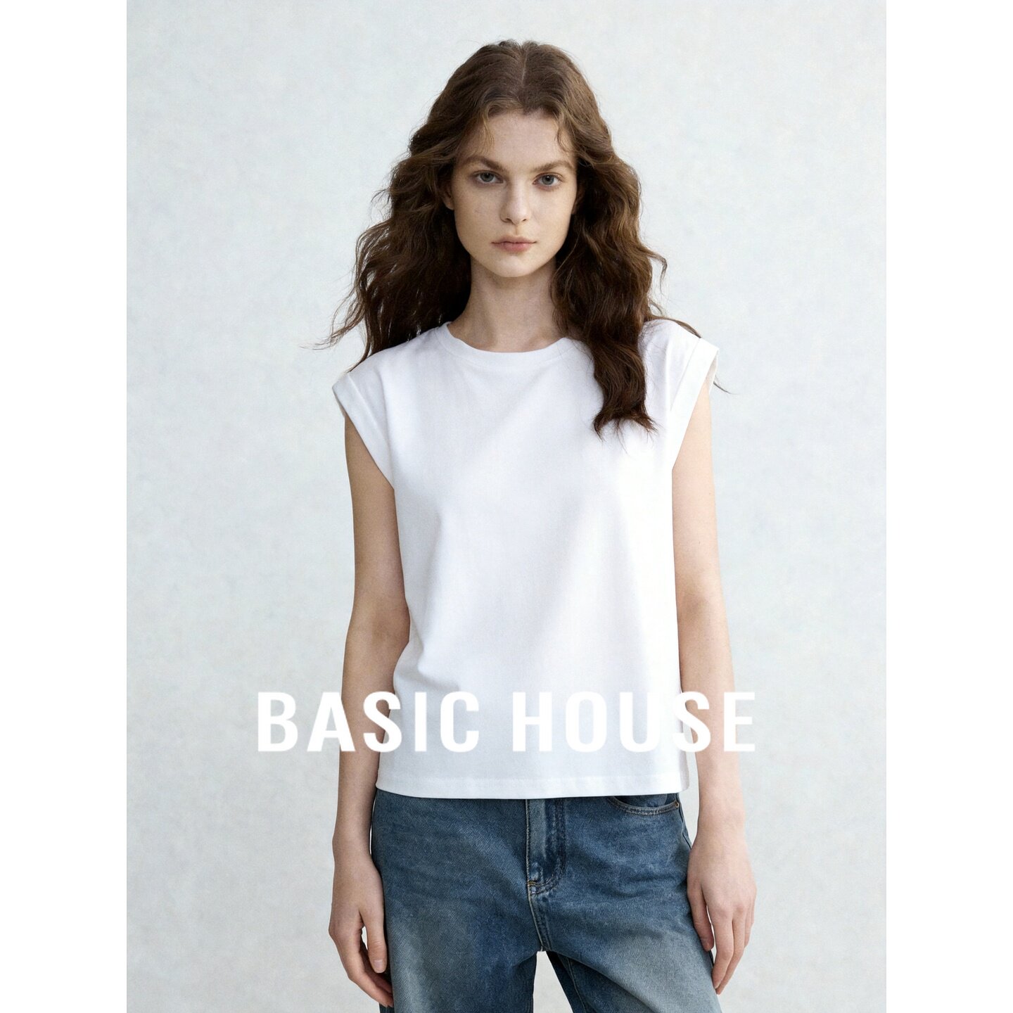 Basic House/百家好极简主义白色棉质短袖T恤女宽松圆领透气上衣