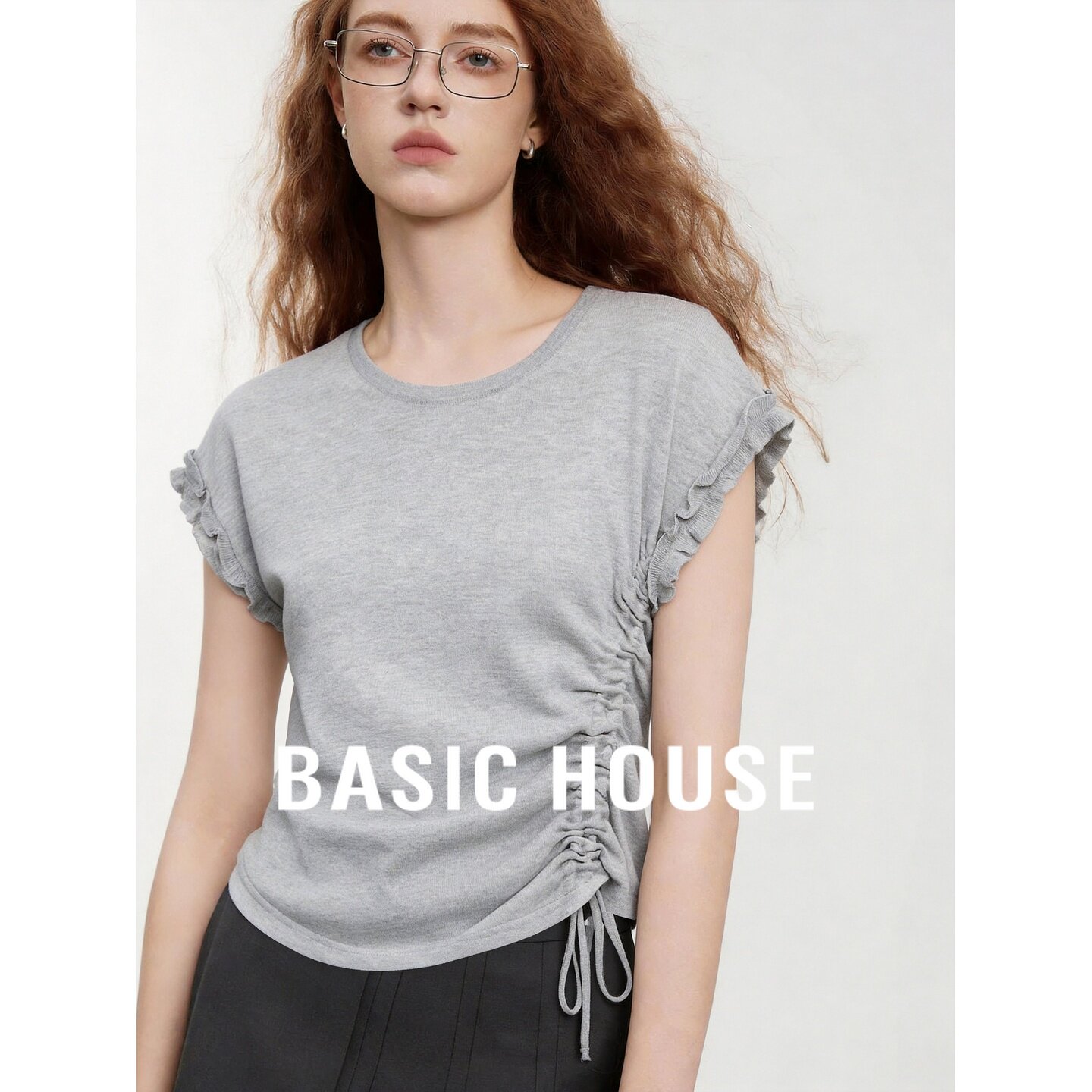 Basic House/百家好灰色气质莱赛尔短袖针织衫女夏季收腰显瘦上衣
