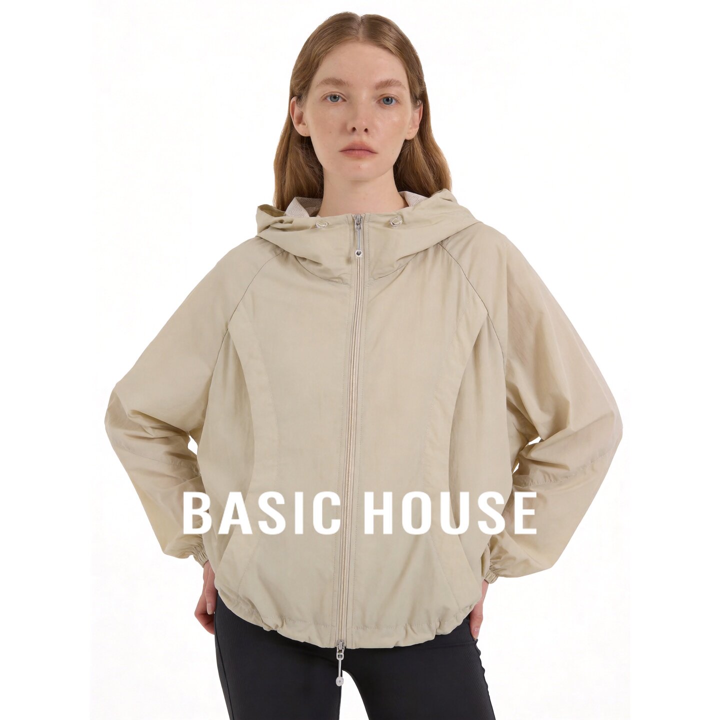 Basic House/百家好卡其色连帽防晒衣女夏季轻薄拉链宽松简约外套