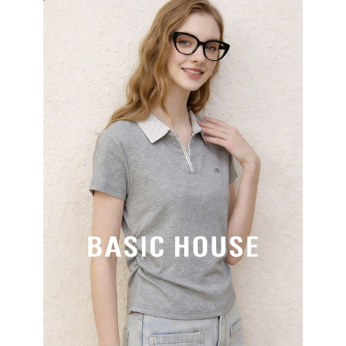 Basic House/百家好假两件撞色短款Polo衫女夏季短袖翻领气质上衣