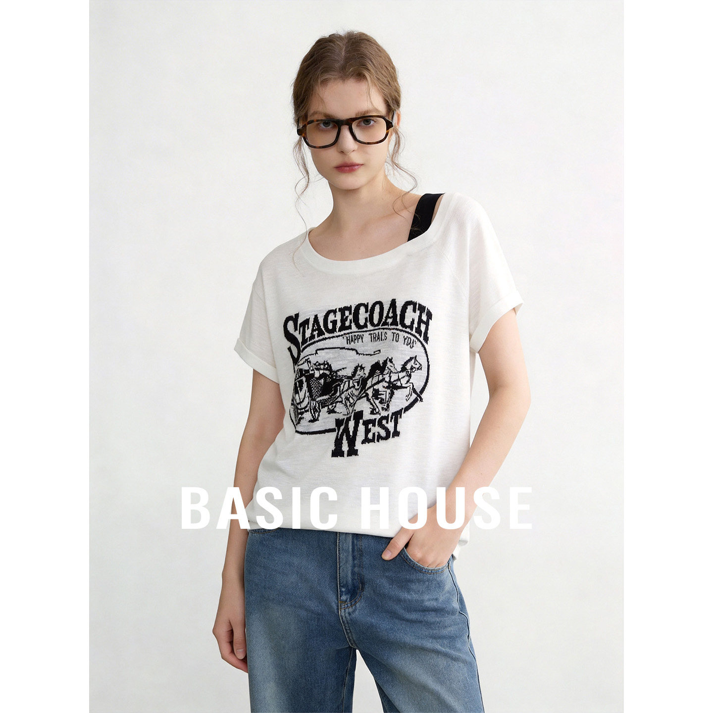 Basic House/百家好美式刺绣露肩短袖针织衫夏季新款短款撞色上衣