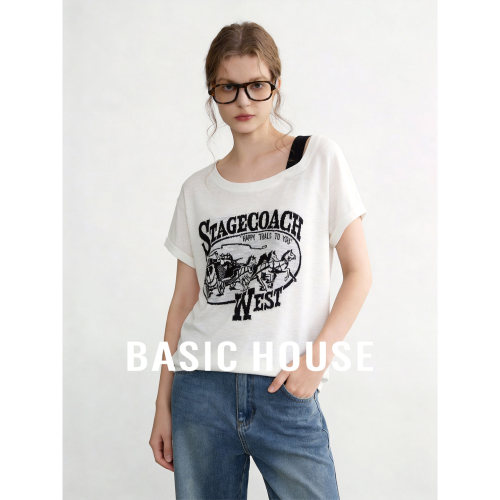 Basic House/百家好美式刺绣露肩短袖针织衫夏季新款短款撞色上衣