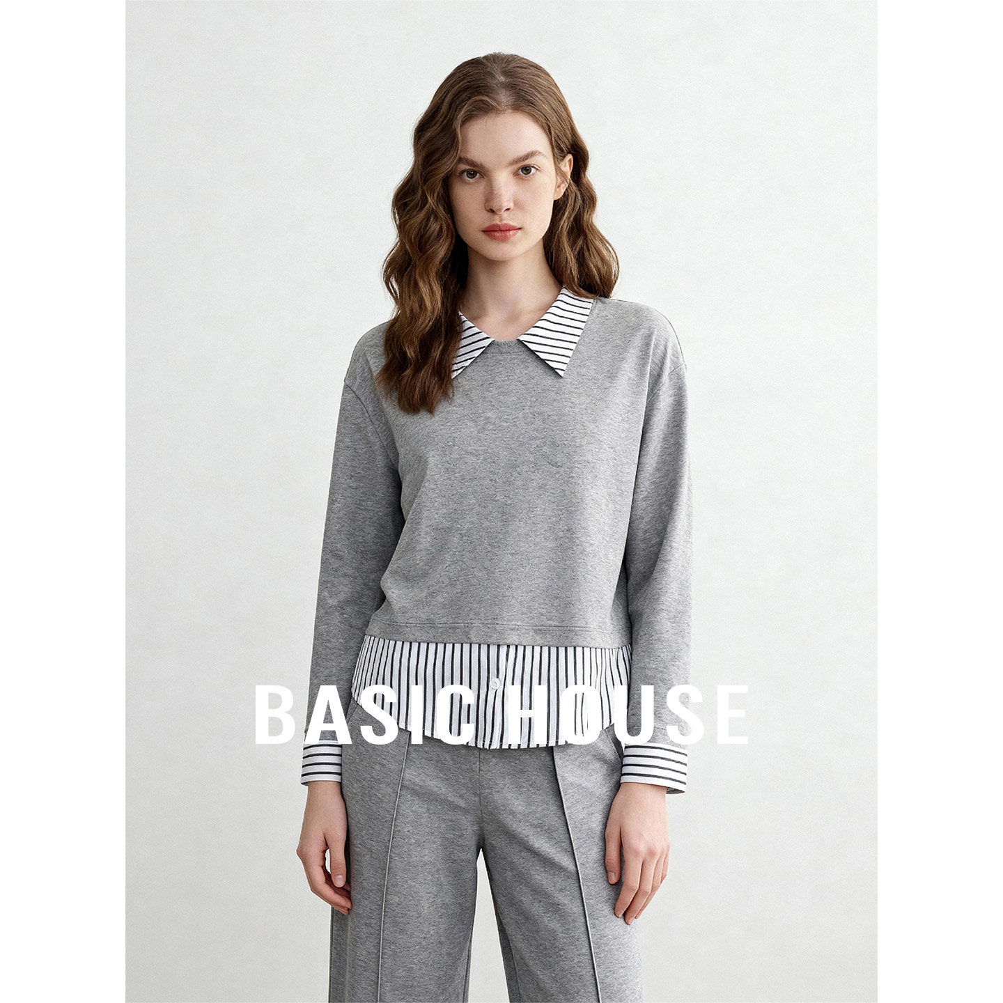Basic House/百家好休闲套装春季假两件条纹拼接卫衣阔腿裤两件套,女装/女士精品,时尚套装,淘宝优惠券,粉丝福利购,淘宝优惠卷